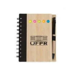 Caderno capa madeira com caneta