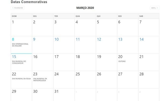 calendário mensal de datas comemorativas